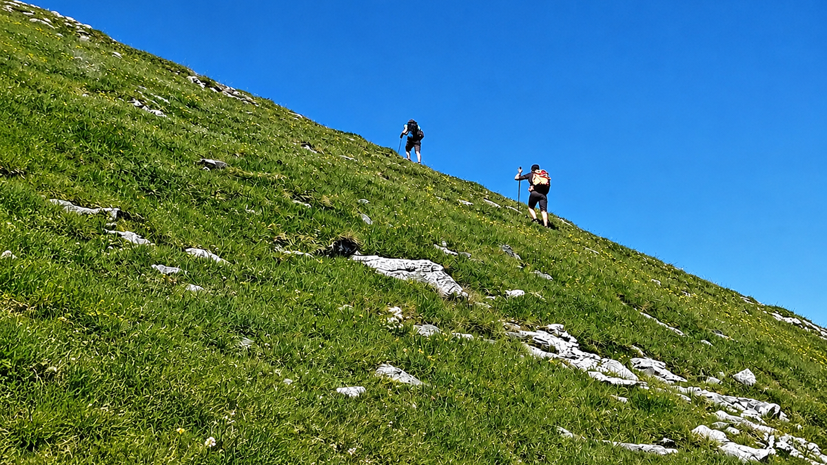 Due escursionisti con zaino e bastoncini camminano in salita su un ripido pendio erboso di montagna sotto un cielo blu limpido &copy;Salvatore Severini
