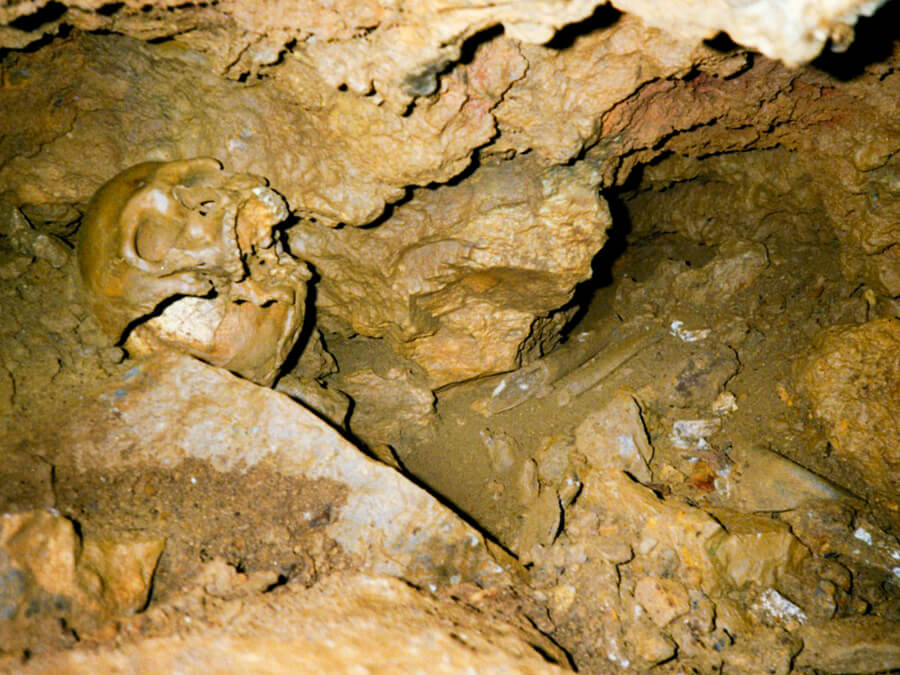Cranio umano all'interno di una zona dei Cunicoli terminali