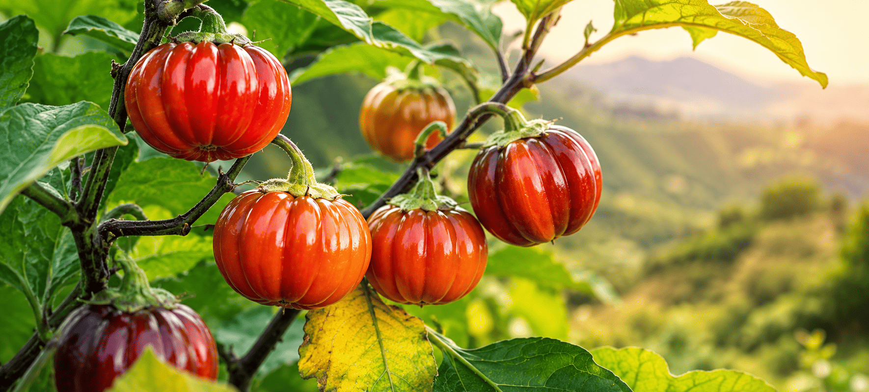 Frutti maturi di Melanzana Rossa di Rotonda DOP sulla pianta nei campi